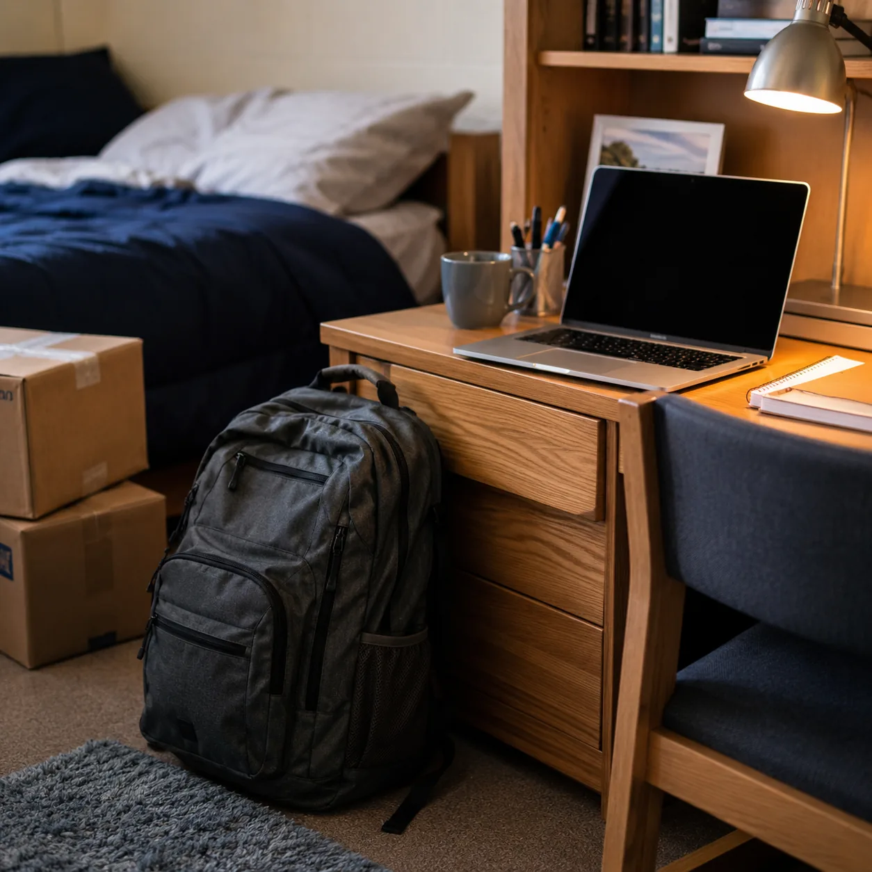 Realistic editorial photo of a college backpack, laptop, and dorm room desk with packages nearby, practical student budg