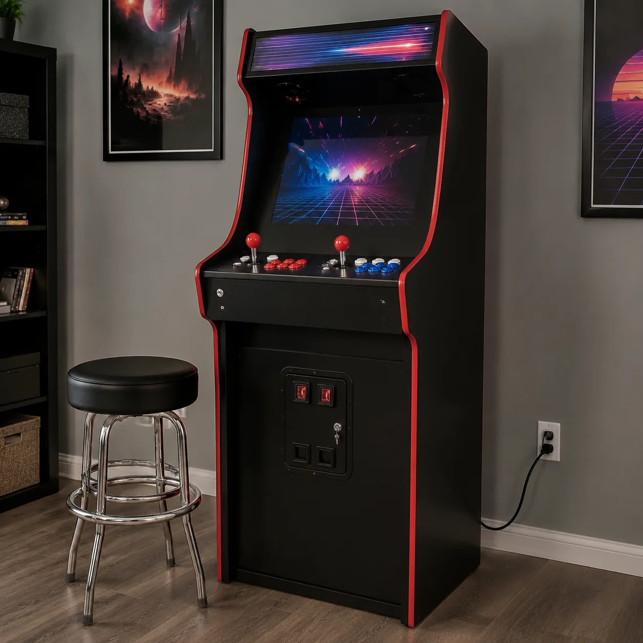Realistic editorial photo of a home game room corner with an arcade cabinet, stool, and power outlet nearby, practical e
