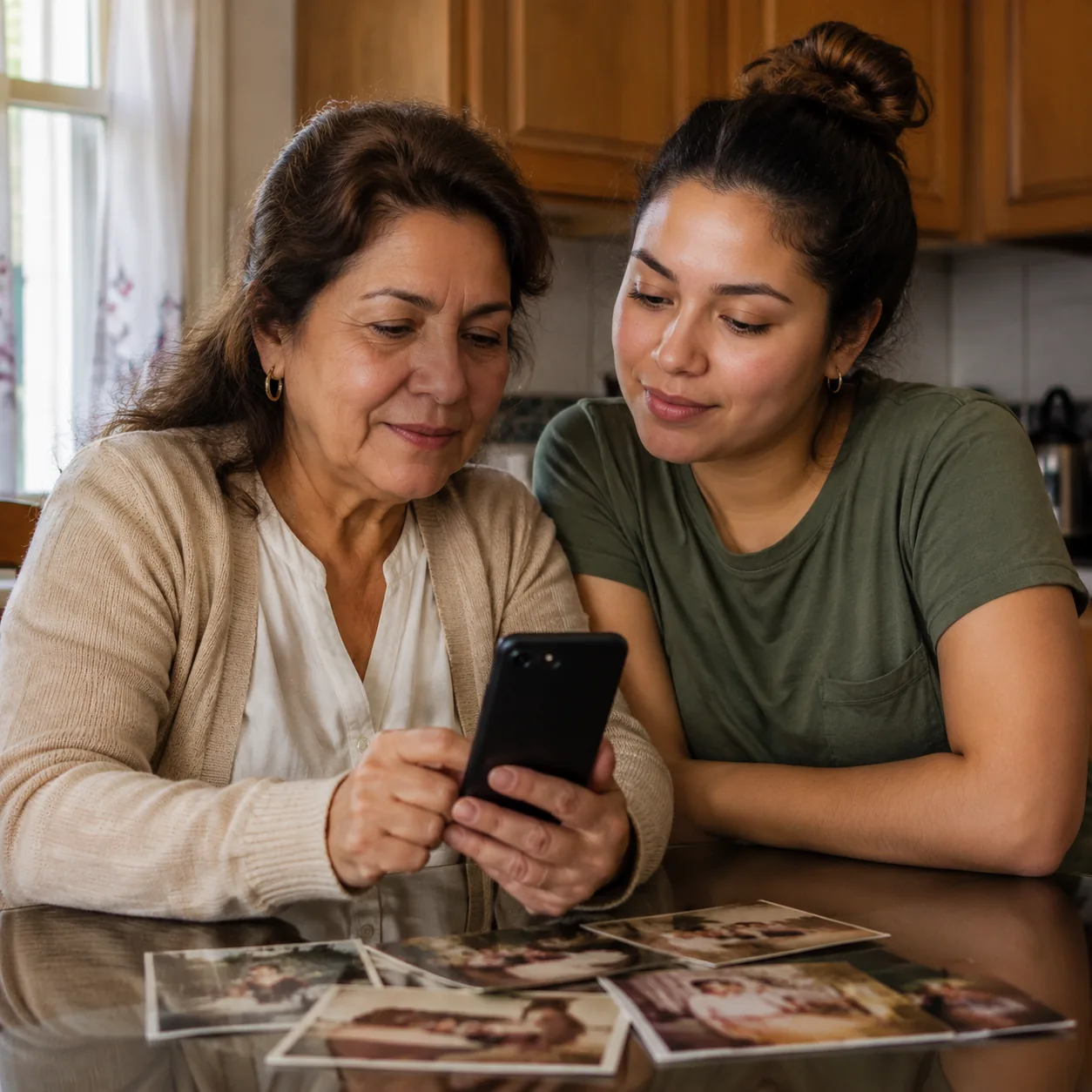 Realistic editorial photo of a Latina mother saving family photos on a phone while sitting with an adult child at a kitc
