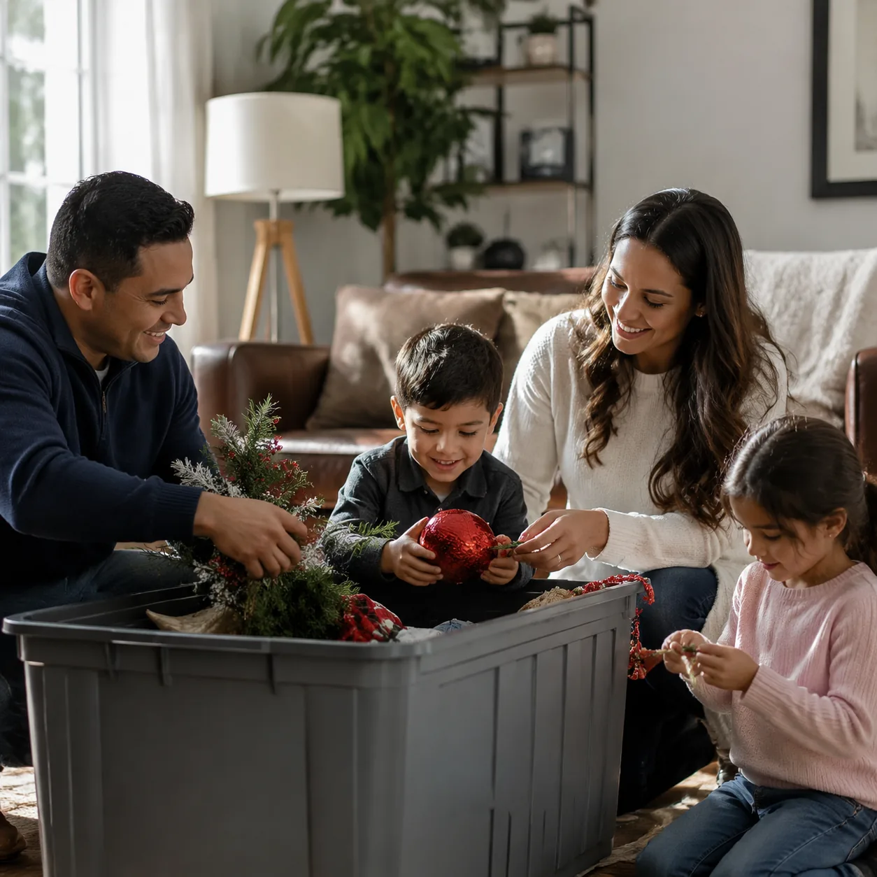 Realistic editorial photo of a Latino family opening holiday decorations from a storage box in a living room, warm natur