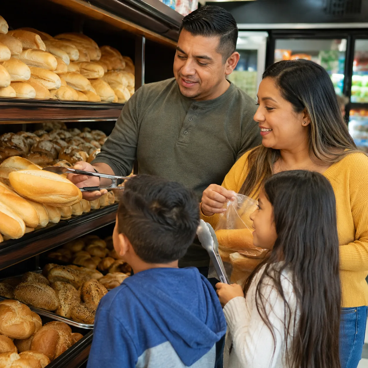 Realistic editorial photo of a Latino grocery store bread shelf with bolillos, rolls, and a family selecting fresh bread