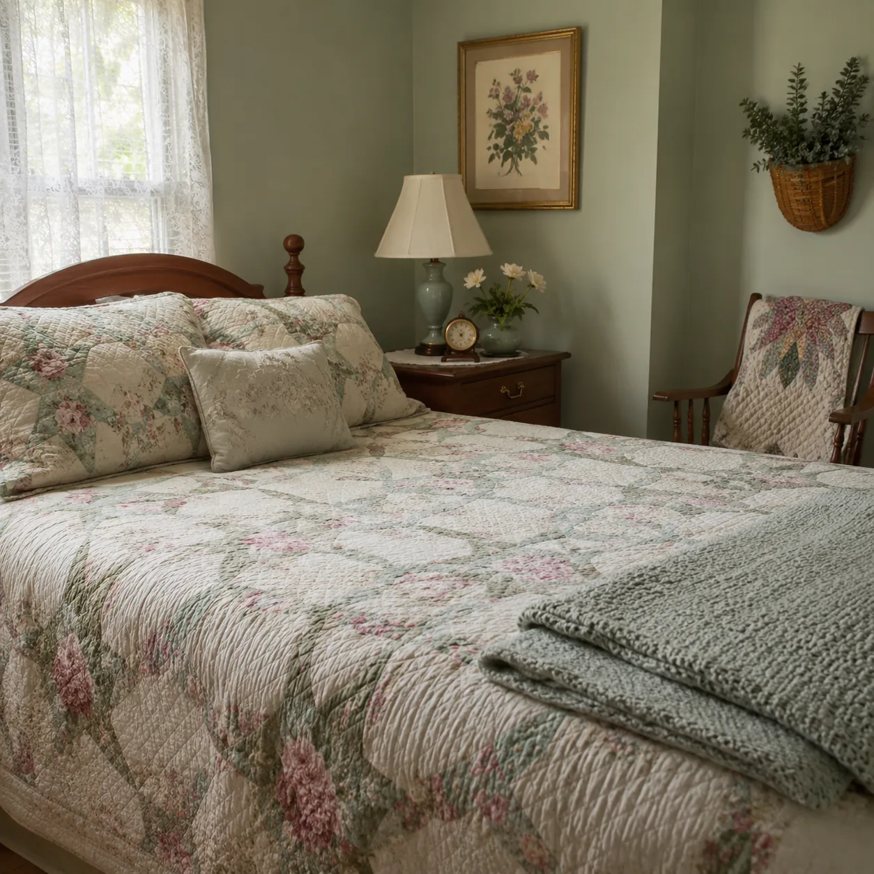 Realistic editorial photo of a neatly made guest bed with a quilt, folded blanket, and soft window light in a grandmothe