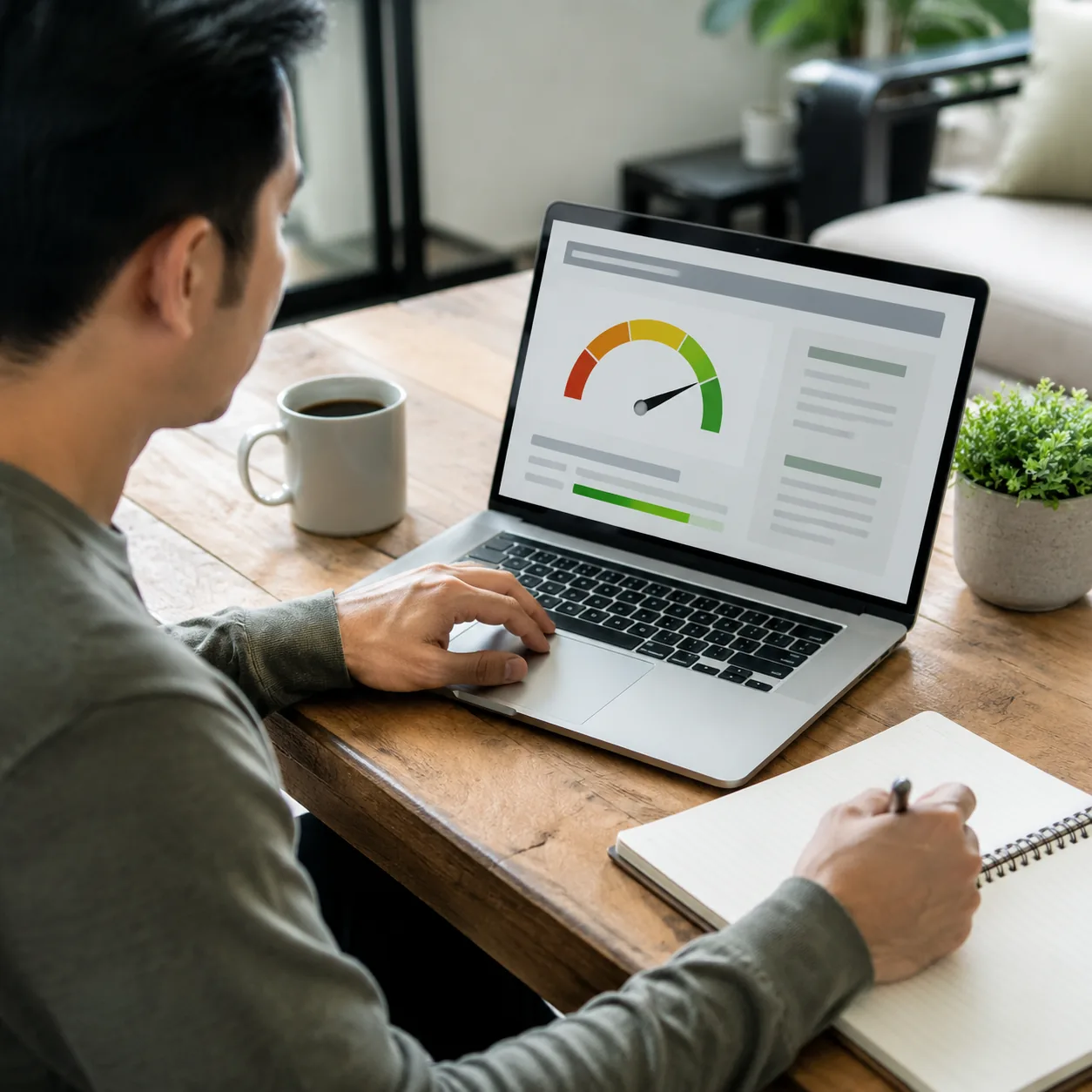 Realistic editorial photo of a person checking a credit report on a laptop with a notebook and coffee, practical persona