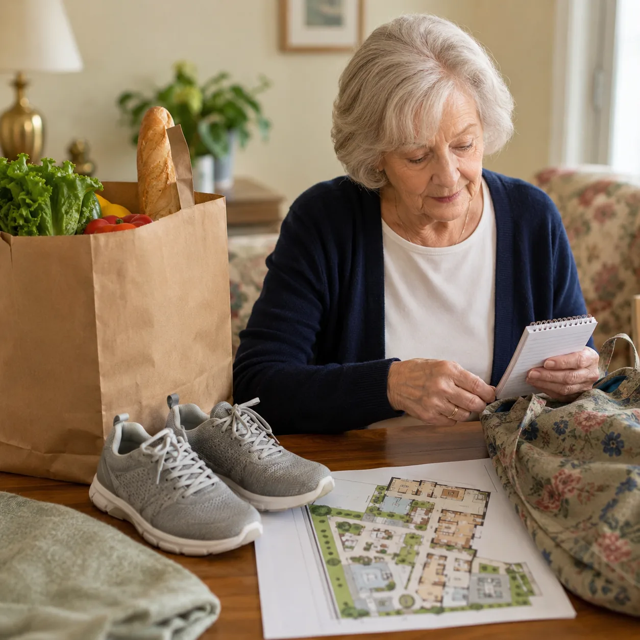 Realistic editorial photo of a retired woman checking grocery bags, walking shoes, and appointment notes beside a retire