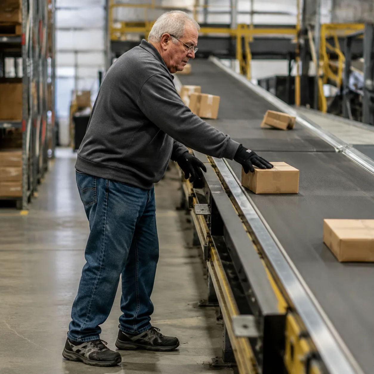 Realistic editorial photo of an older seasonal warehouse sorter moving small packages on a conveyor area with supportive