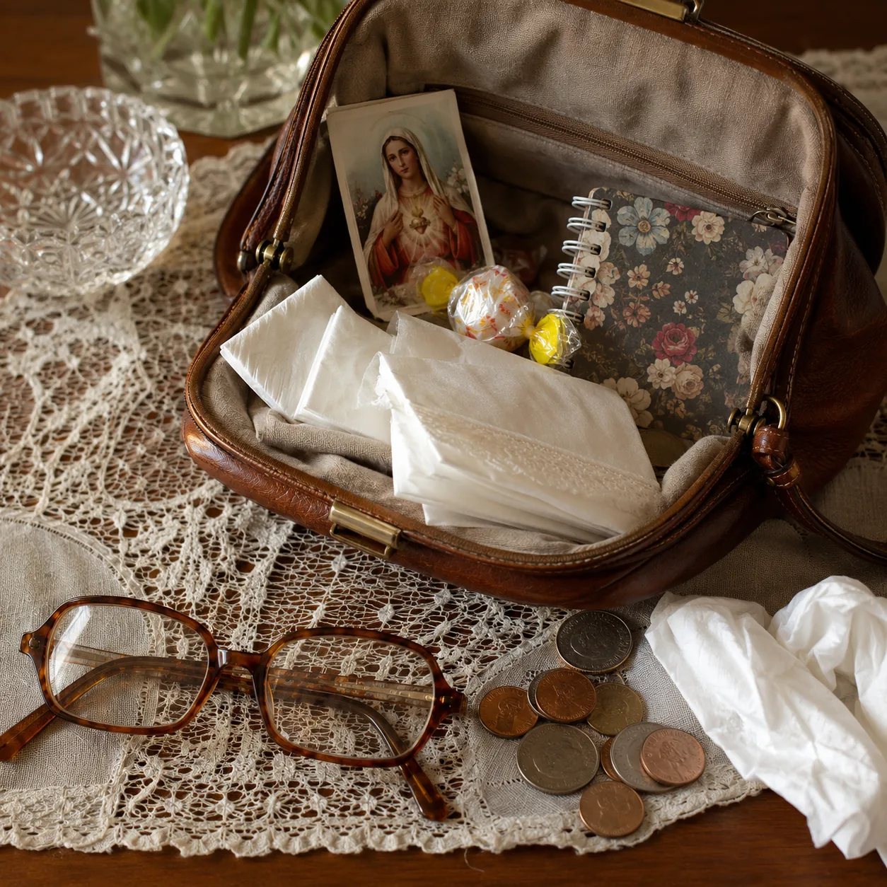 Realistic editorial photo of an older woman's open purse with tissues, coins, candies, prayer card, small notebook, and