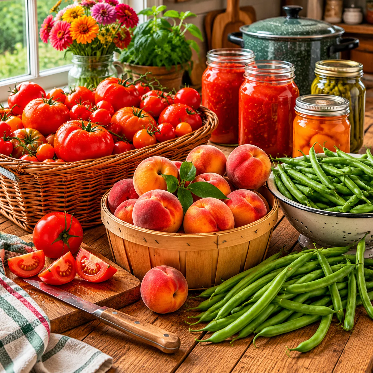 Realistic editorial photo of baskets of seasonal tomatoes, peaches, and beans on a kitchen table ready for canning, prac