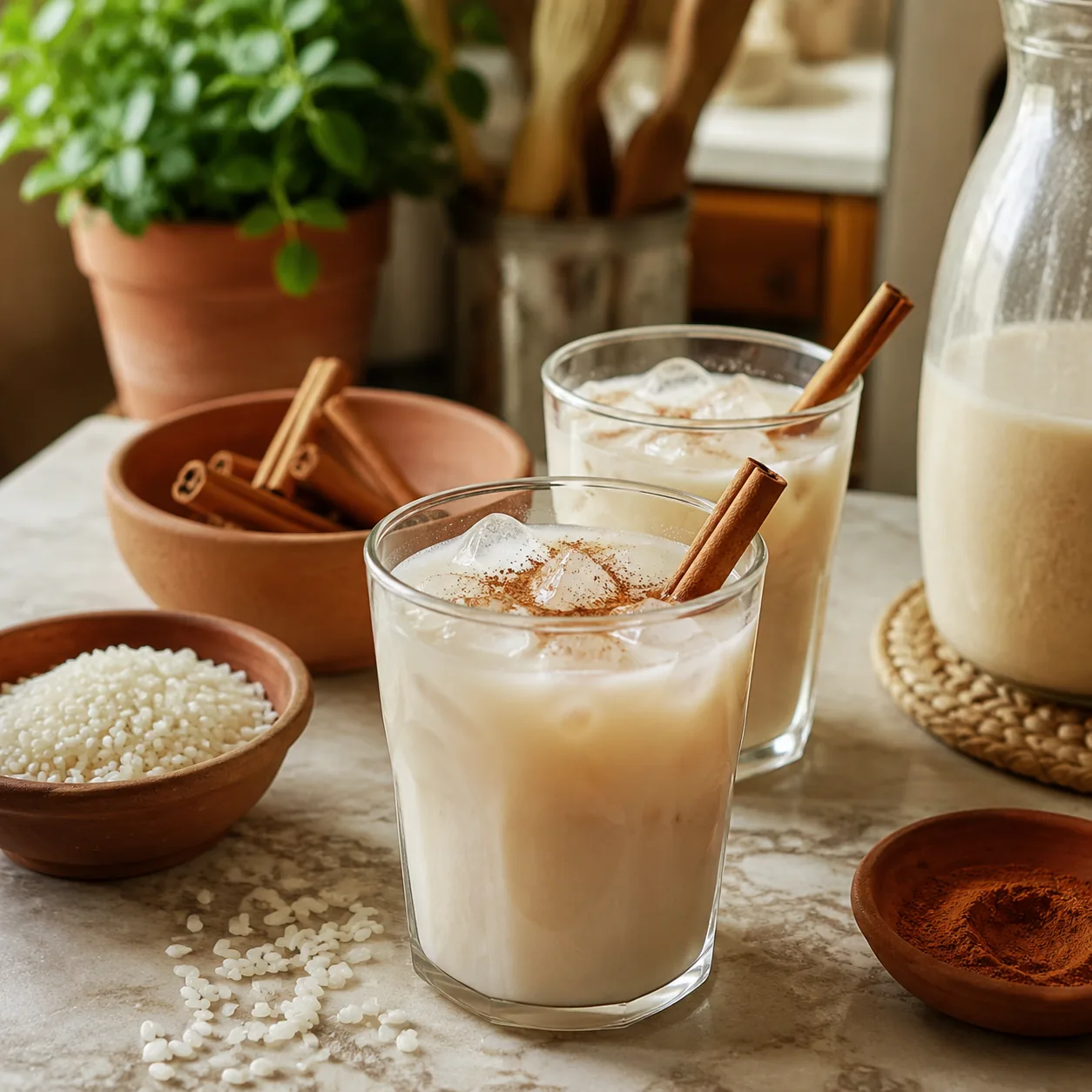 Realistic editorial photo of cold horchata in glasses with cinnamon and rice ingredients on a kitchen counter, warm natu