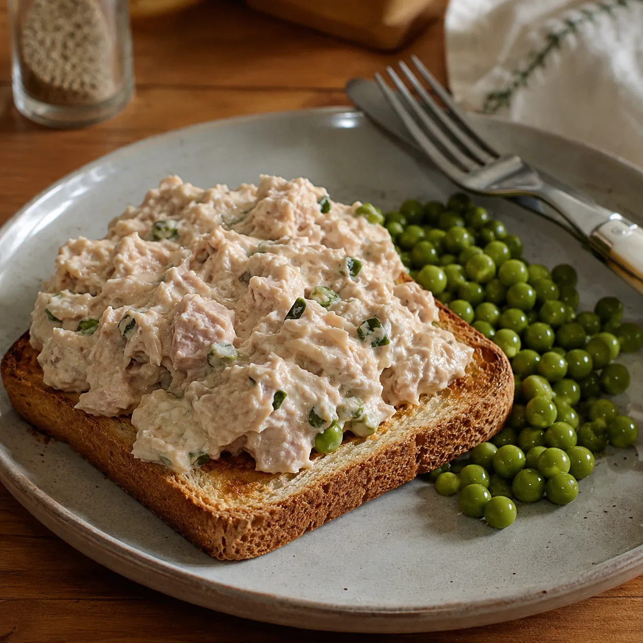 Realistic editorial photo of creamed tuna spooned over toast with peas on a plain plate, practical pantry supper scene,