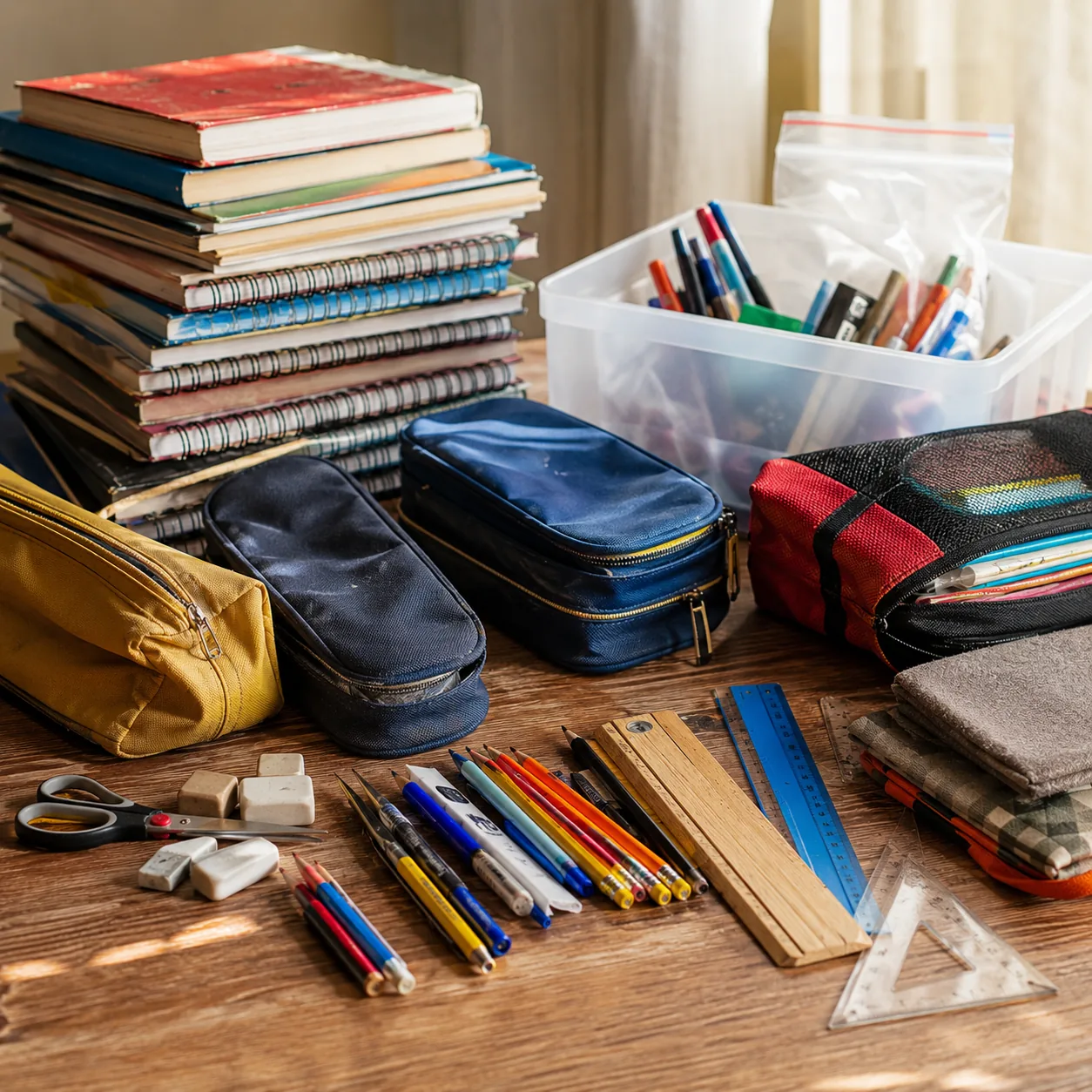 Realistic editorial photo of old school supplies, notebooks, rulers, and pencil cases sorted on a desk, warm natural lig