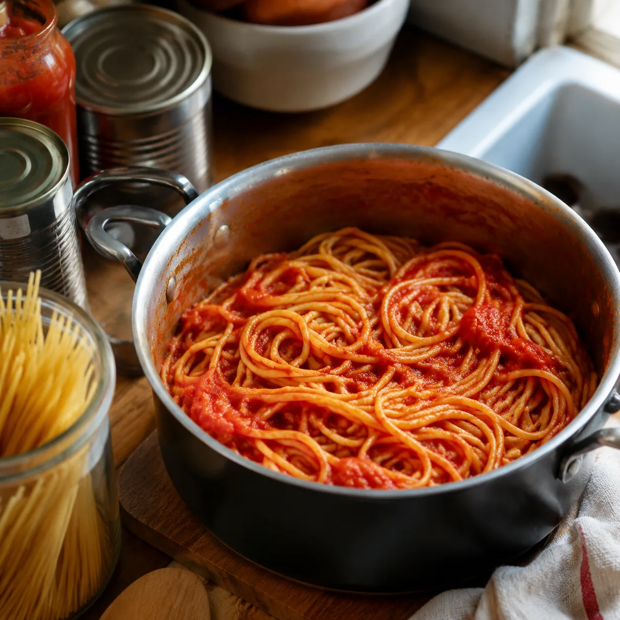 Realistic editorial photo of plain spaghetti with a simple tomato sauce in a saucepan beside pantry cans and dried pasta