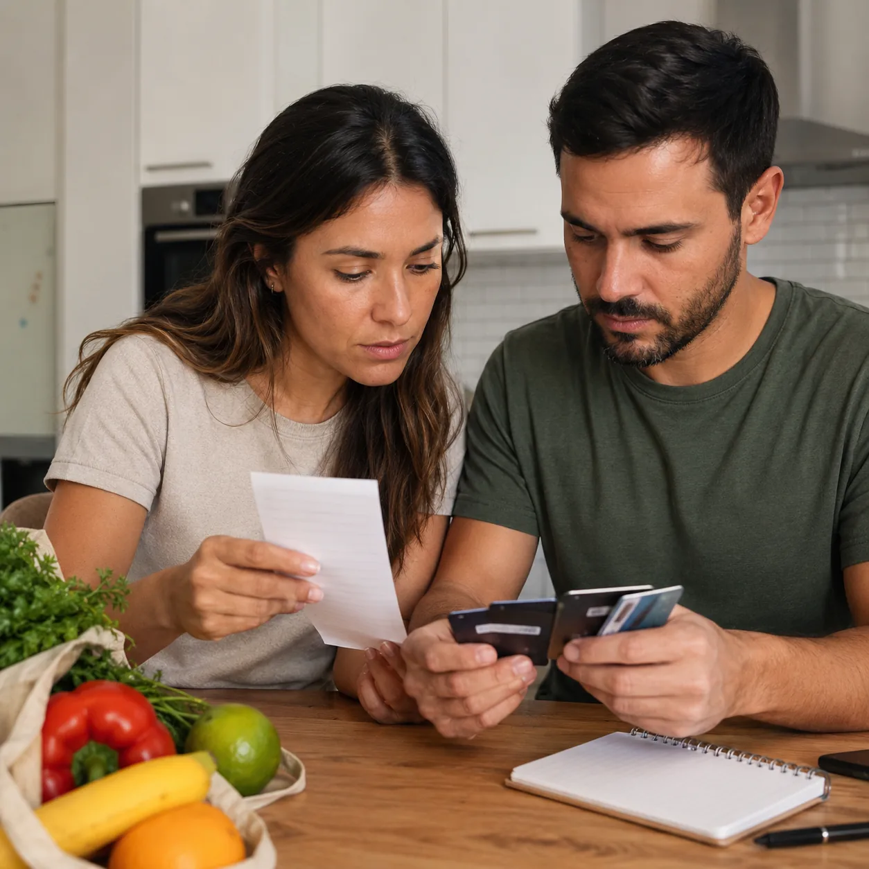 Realistic editorial photo of two adults reviewing membership cards and a shared shopping list in a kitchen, practical ho