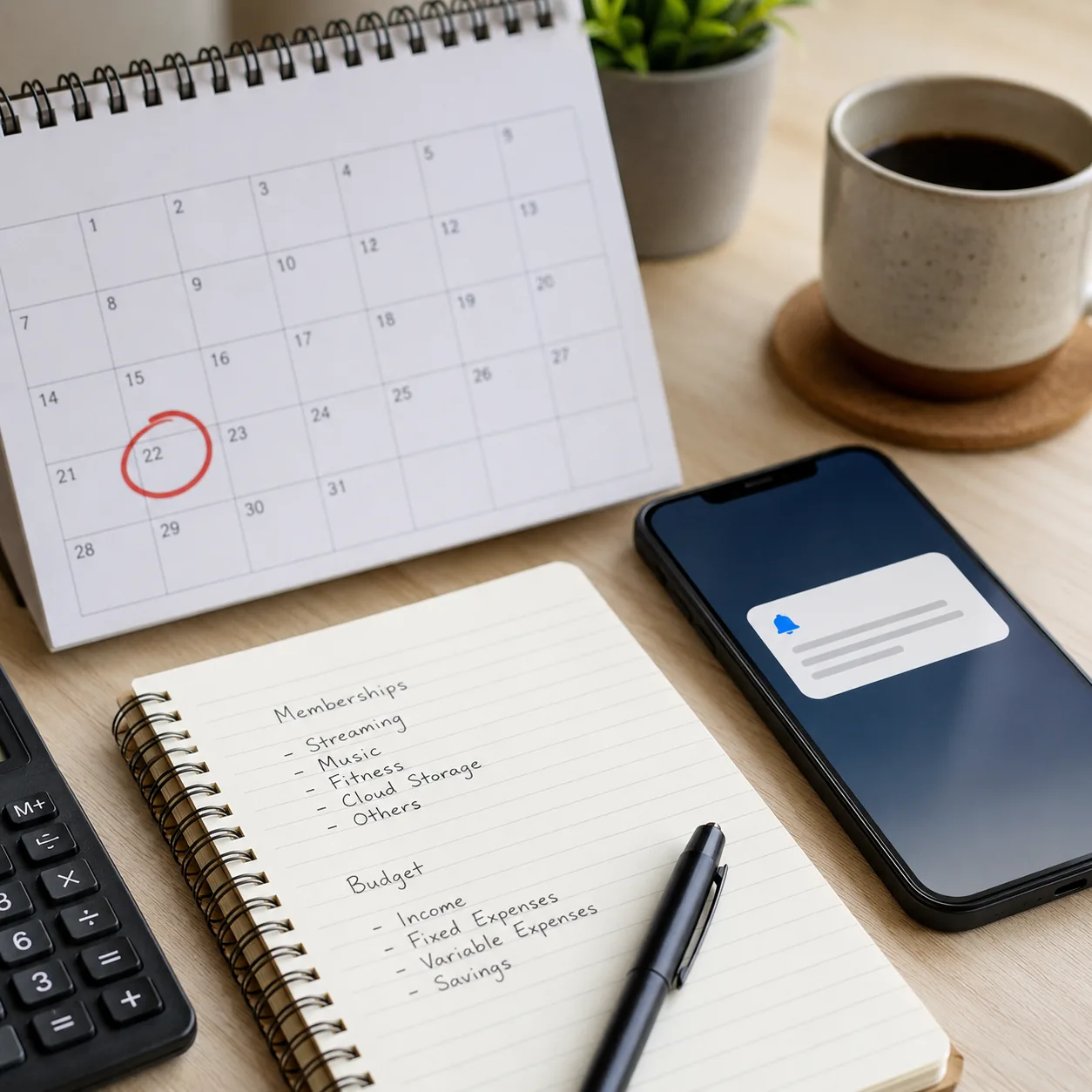 Realistic editorial photo of a calendar, phone reminder, and membership budget notes on a desk, practical consumer finan