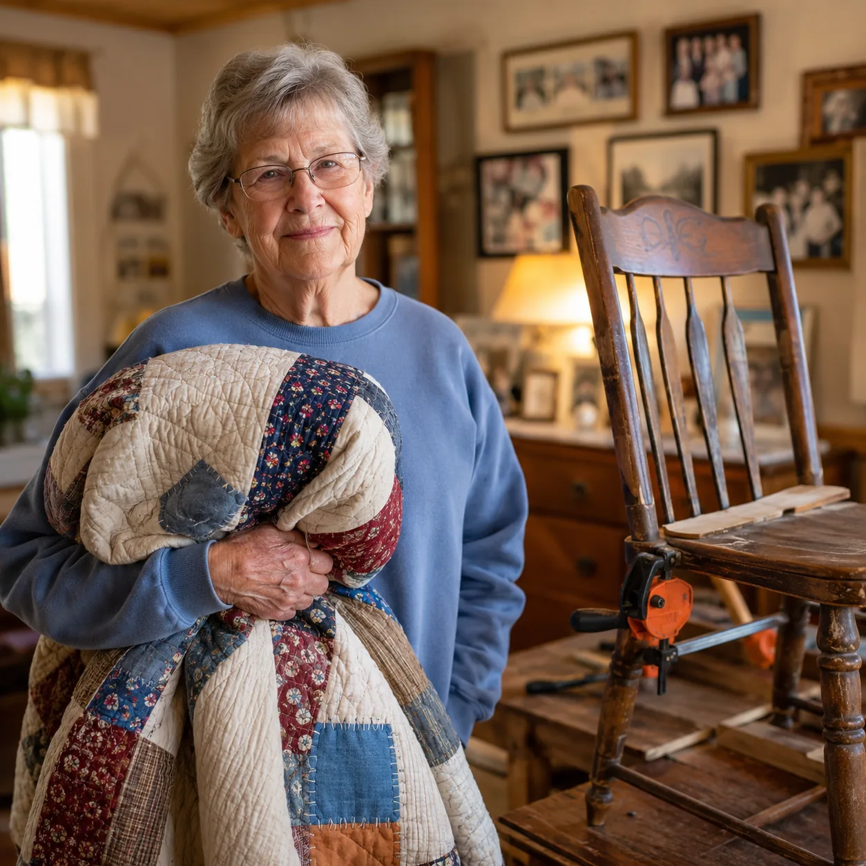 Realistic editorial photo of a grandmother holding a mended quilt beside an older wooden chair repaired with clamps in a