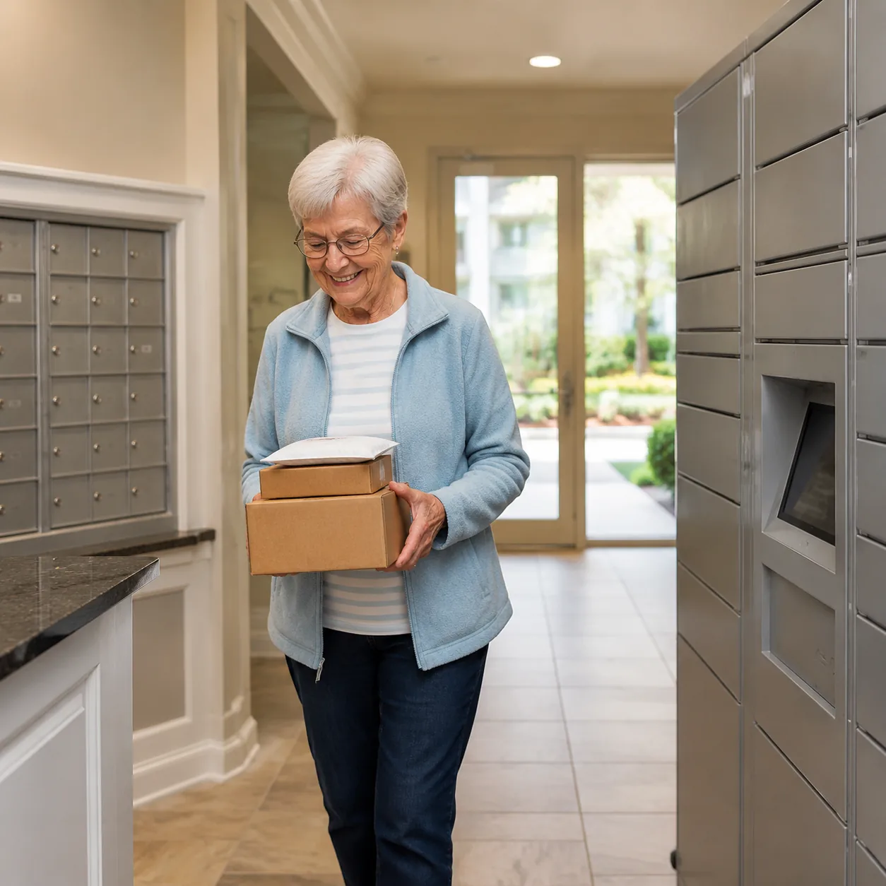 Realistic editorial photo of a retirement community mail station with package lockers and an older resident carrying par
