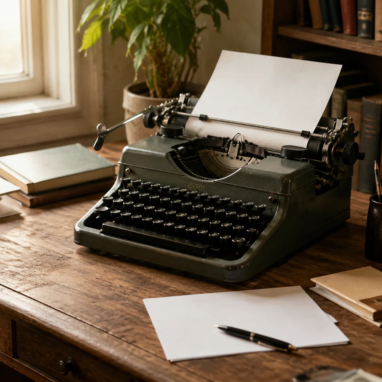 Realistic editorial photo of a vintage typewriter on a wooden desk with blank paper nearby, warm daylight, 1:1 square co
