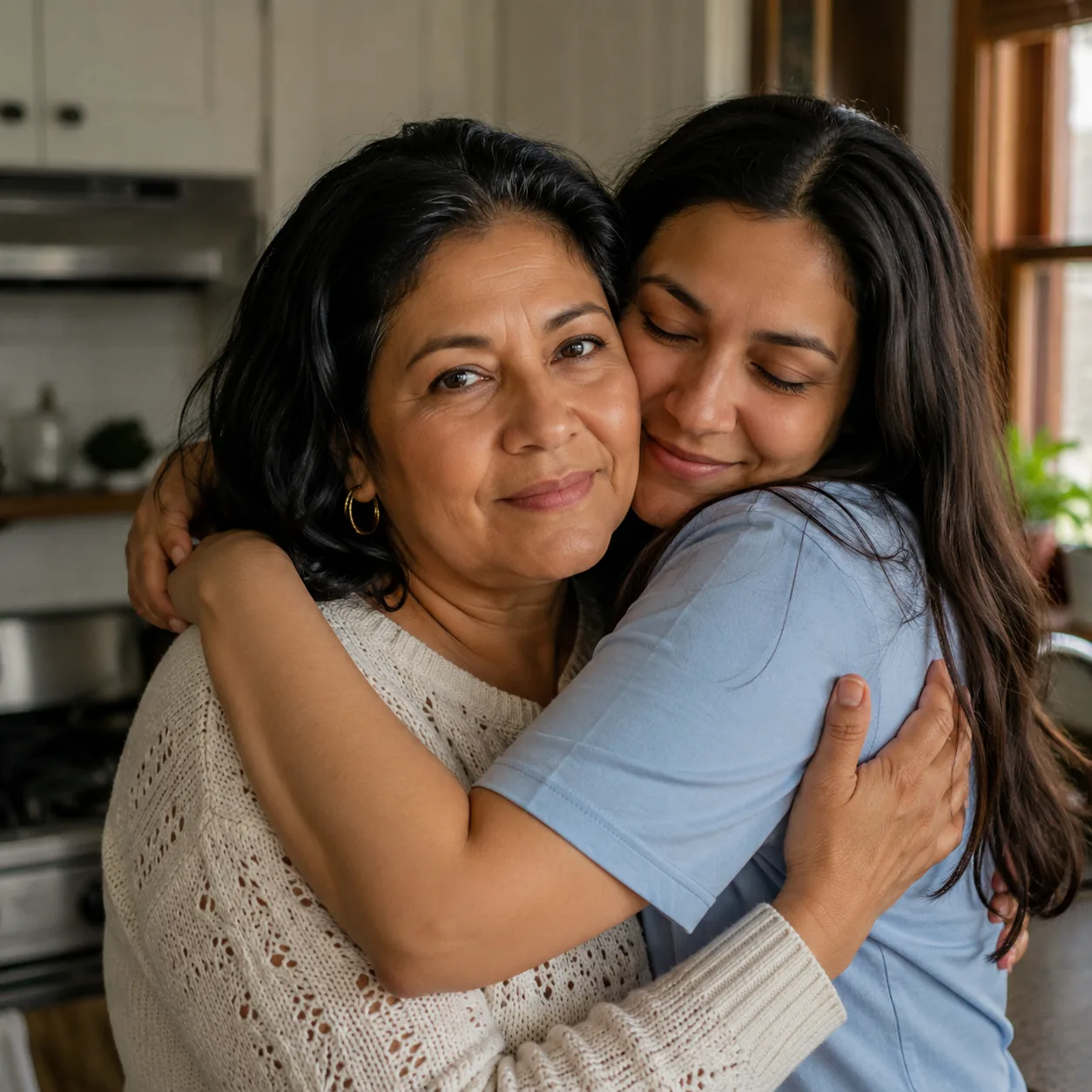 Realistic editorial photo of an adult child hugging a Latina mother in a quiet kitchen, warm natural light, realistic ed