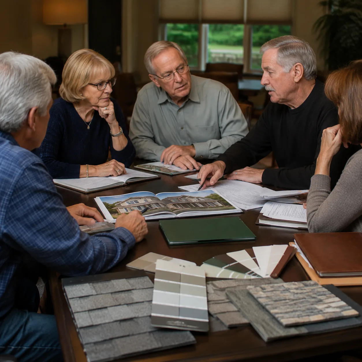 Realistic editorial photo of an HOA committee table with sample materials, folders, and older residents discussing exter