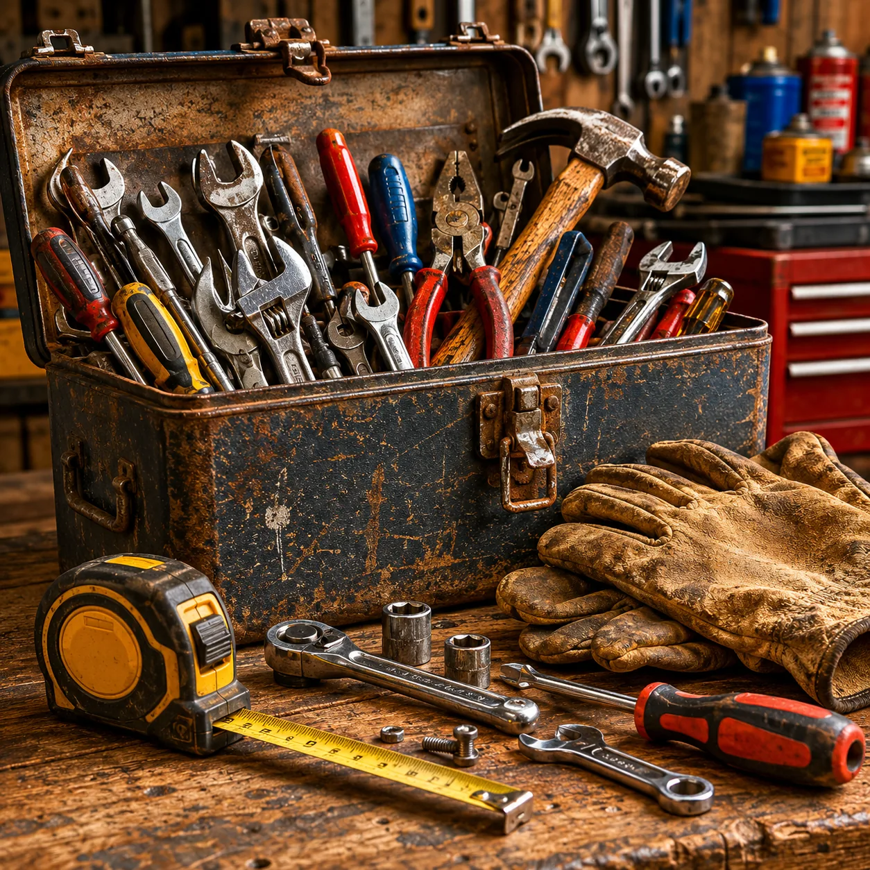 Realistic editorial photo of an old toolbox with hand tools, measuring tape, and worn work gloves on a garage bench, war