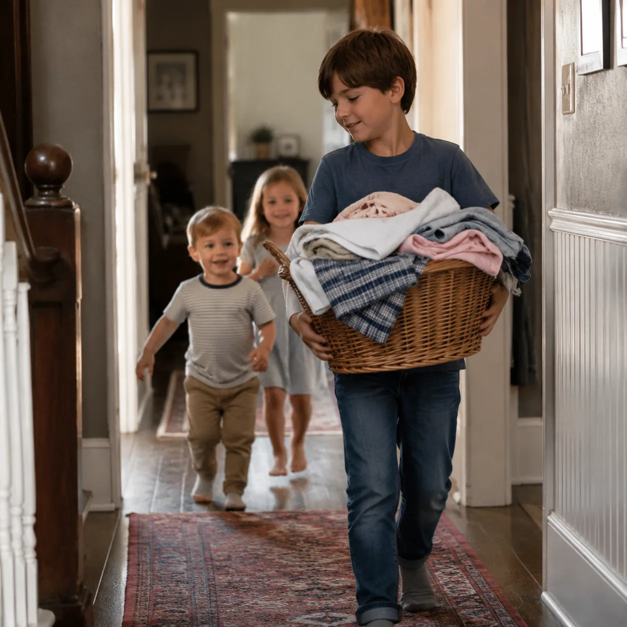 Realistic editorial photo of an older child helping carry laundry while younger siblings follow through a family hallway