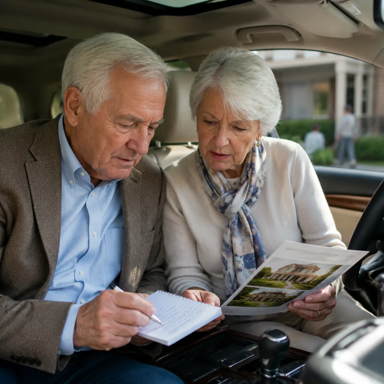 Realistic editorial photo of an older couple sitting in their car after a retirement community tour reviewing handwritte