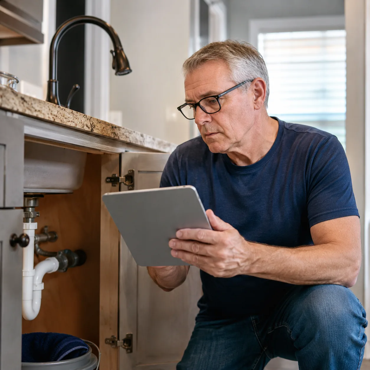 Realistic editorial photo of an older homeowner checking a maintenance request status on a tablet beside a small repair