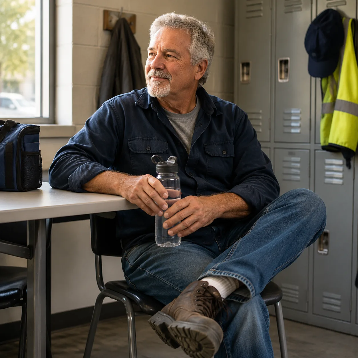 Realistic editorial photo of an older part-time worker sitting briefly in a quiet break area with work shoes and water b