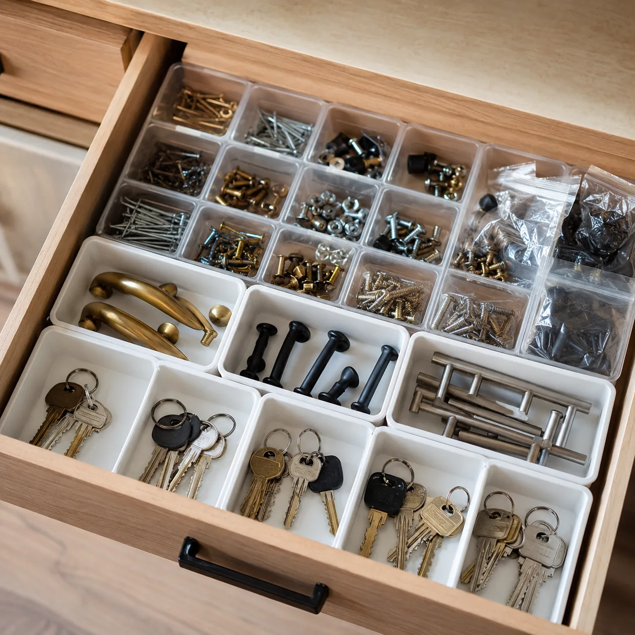 Realistic editorial photo of labeled spare keys, cabinet pulls, screws, and small hardware bags organized in a drawer, p