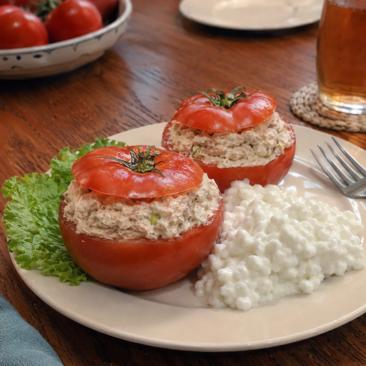 Realistic editorial photo of large tomatoes stuffed with tuna salad and served with cottage cheese on a dinner plate, pr