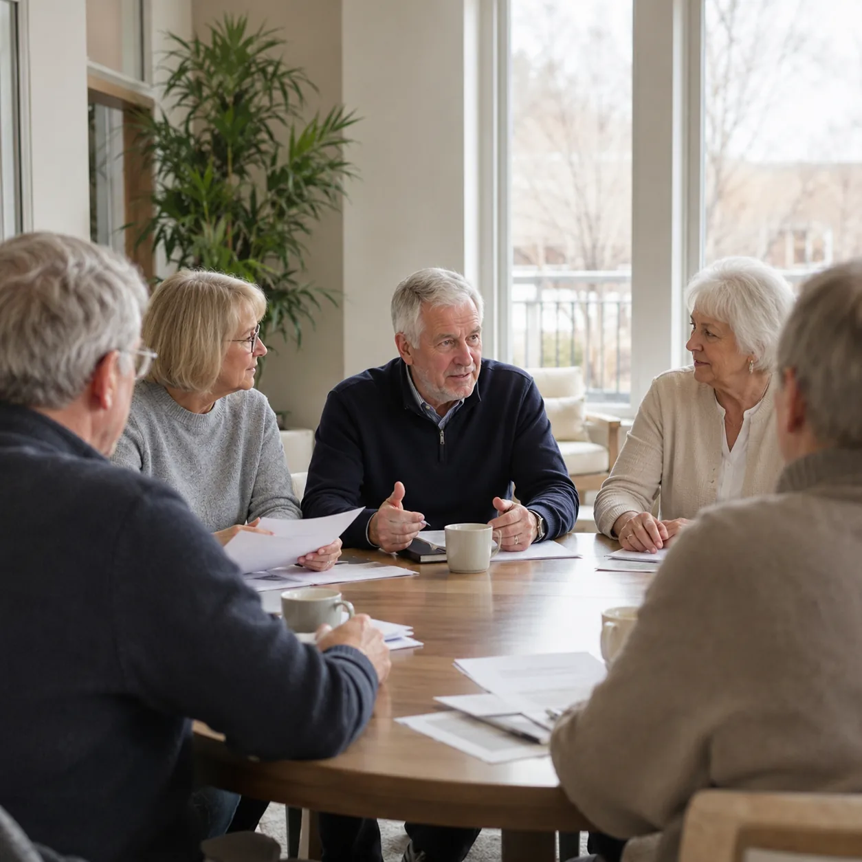 Realistic editorial photo of older condo residents attending a calm association meeting in a community room with papers