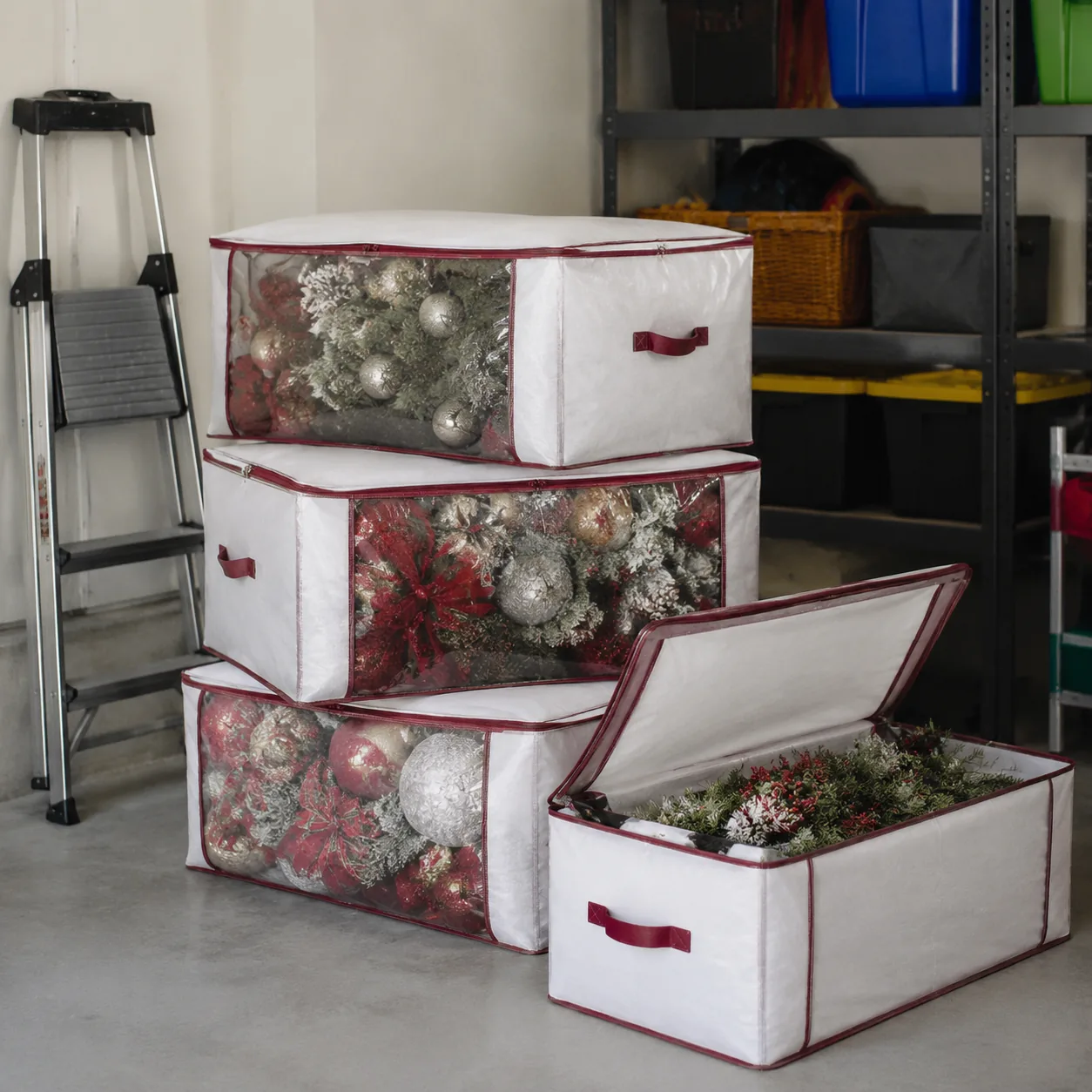 Realistic editorial photo of oversized holiday decor boxes in a garage beside storage shelves and a step ladder, practic