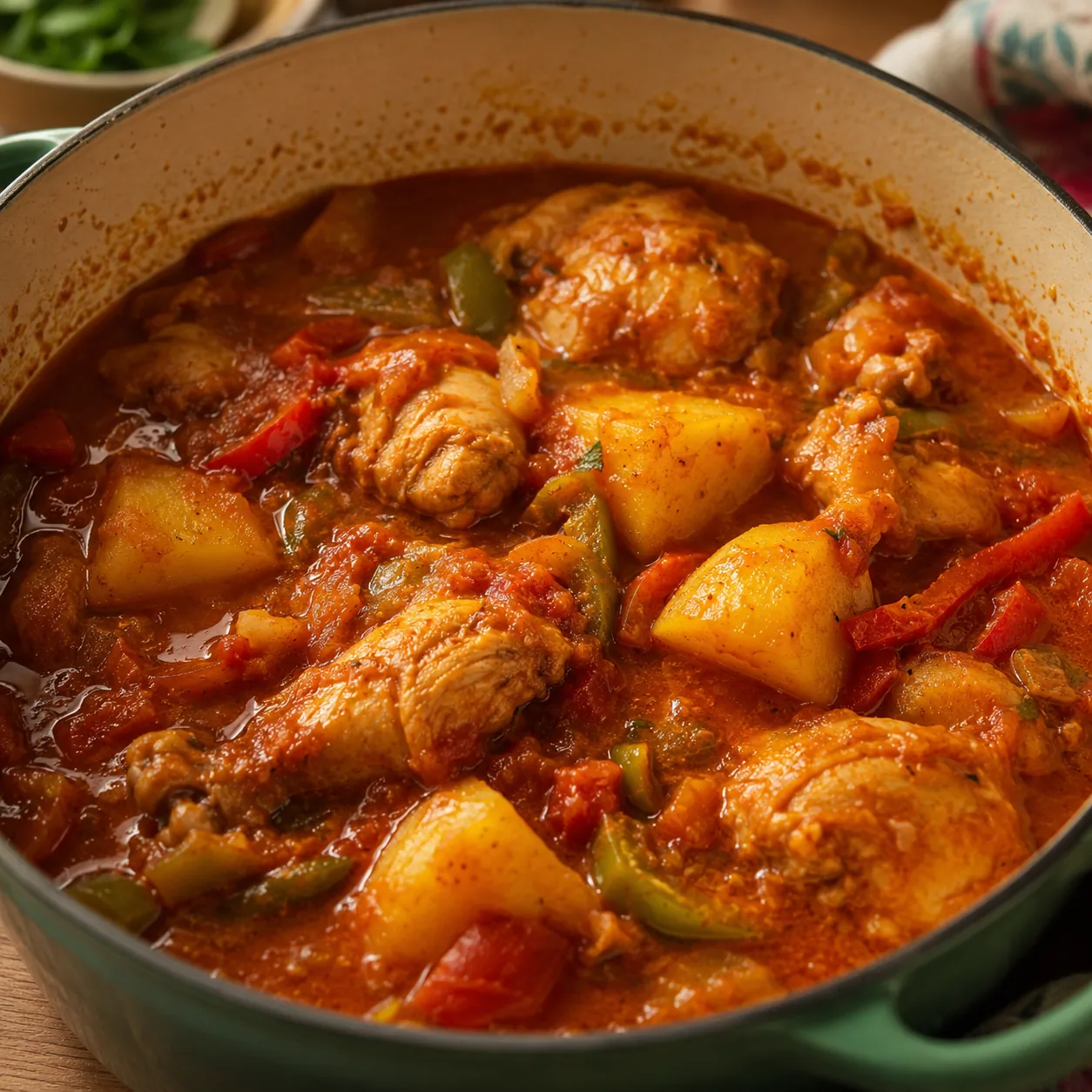 Realistic editorial photo of pollo guisado simmering with potatoes, peppers, and tomato sauce in a pot, warm natural lig