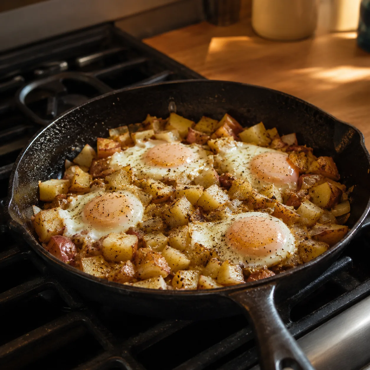 Realistic editorial photo of potatoes and eggs cooked together in a cast iron skillet on a kitchen stove, practical brea