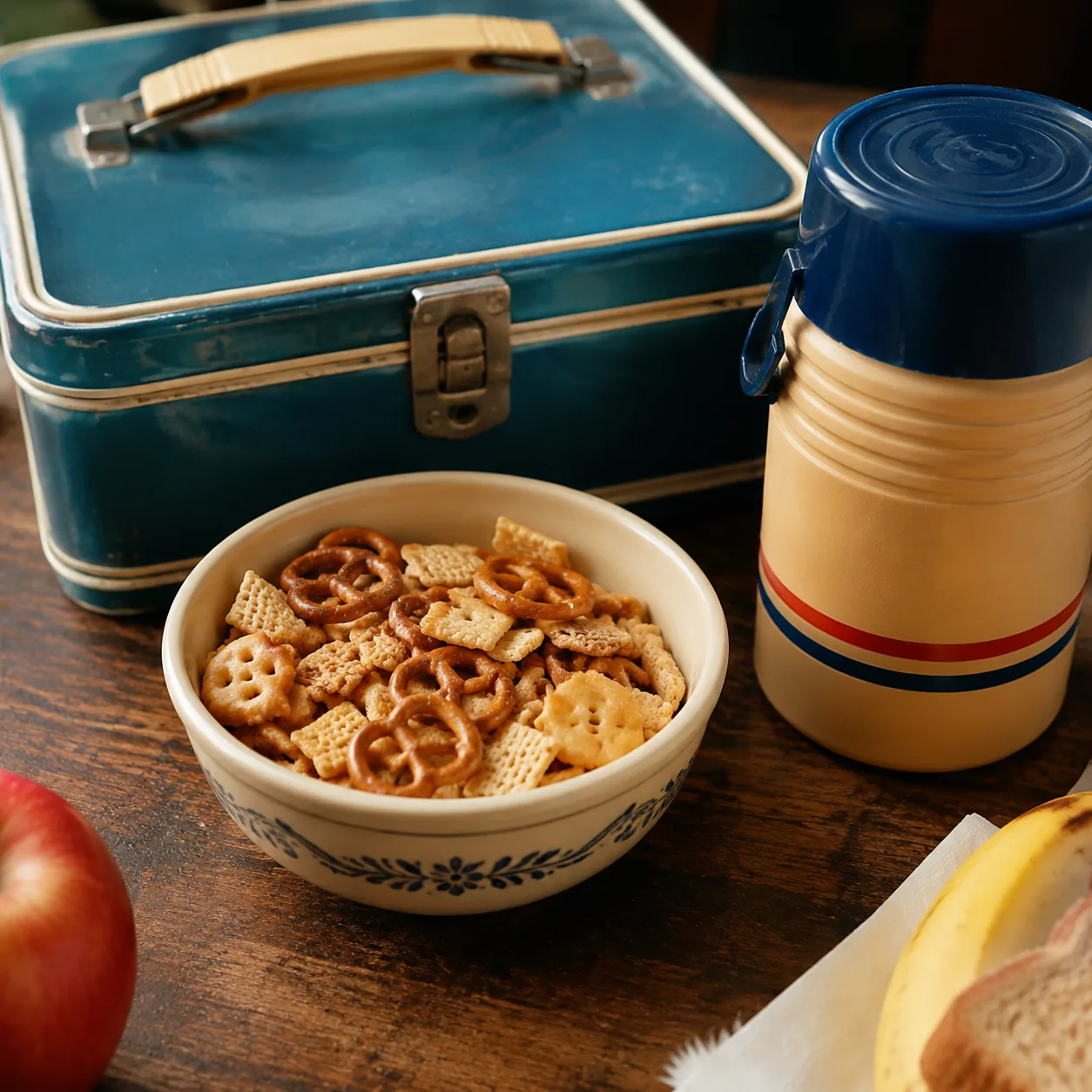 Realistic editorial photo of retro snack mix with pretzels, cereal pieces, and crackers in a small bowl beside a school 