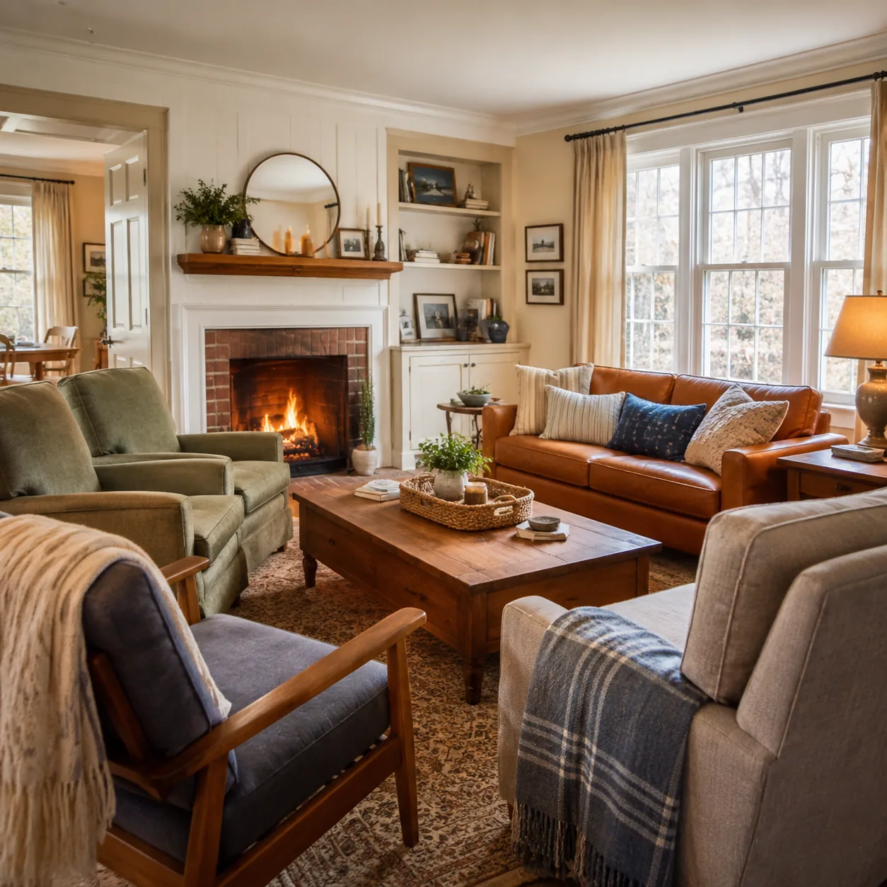 Realistic editorial photo of a cozy living room with extra chairs pulled near a coffee table for visiting family, warm n