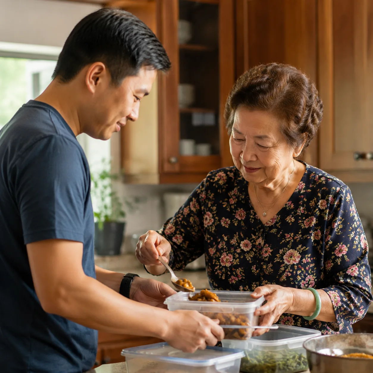 Realistic editorial photo of a grandmother packing leftovers into containers for an adult grandchild at a kitchen counte
