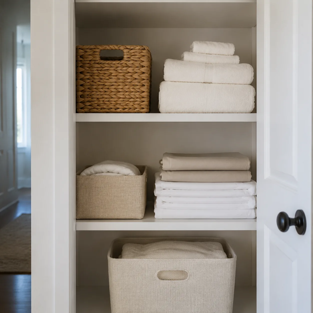 Realistic editorial photo of a labeled linen shelf with one backup set of sheets and towels in a compact closet, practic