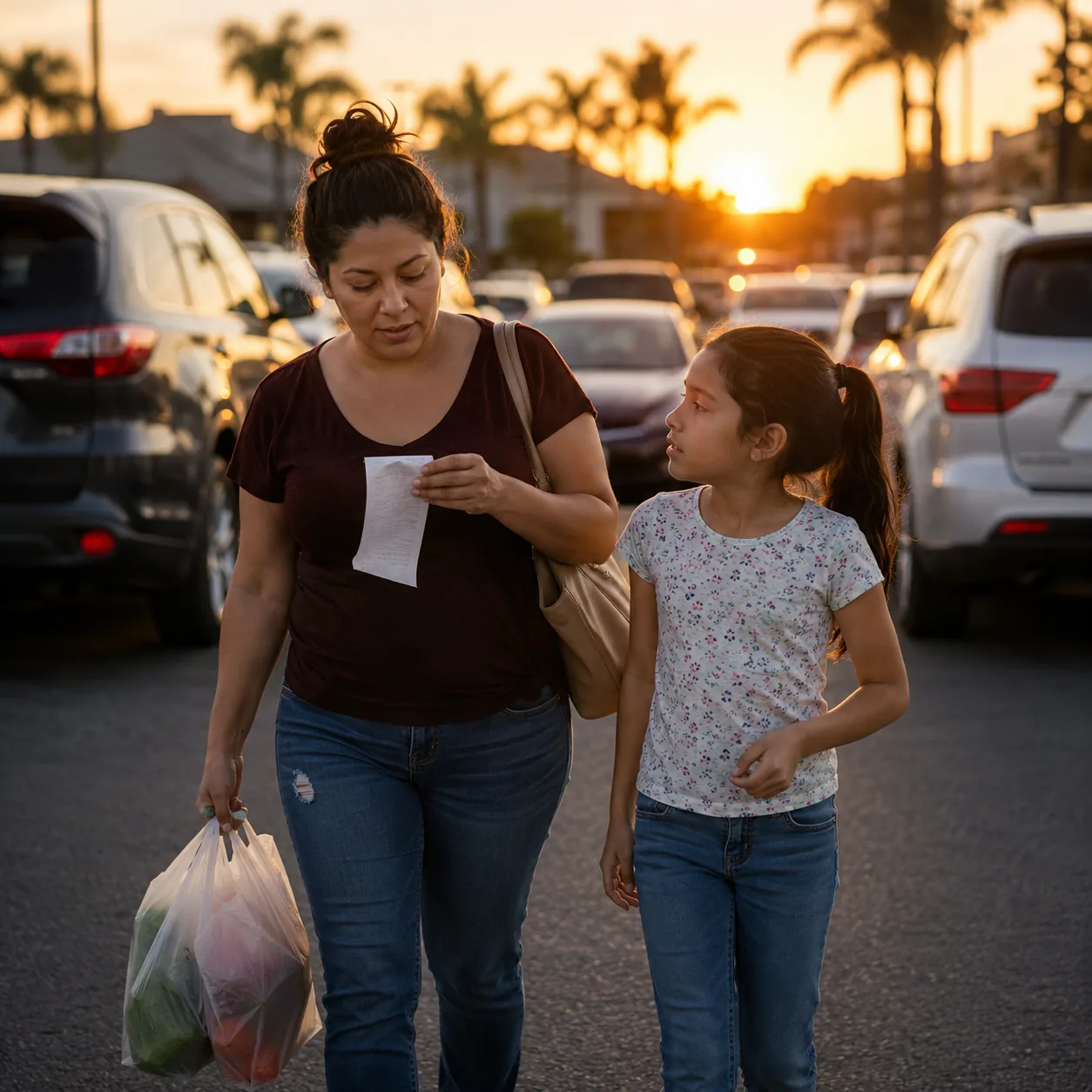 Realistic editorial photo of a Latino parent and child walking through a grocery parking lot with a receipt and bags at