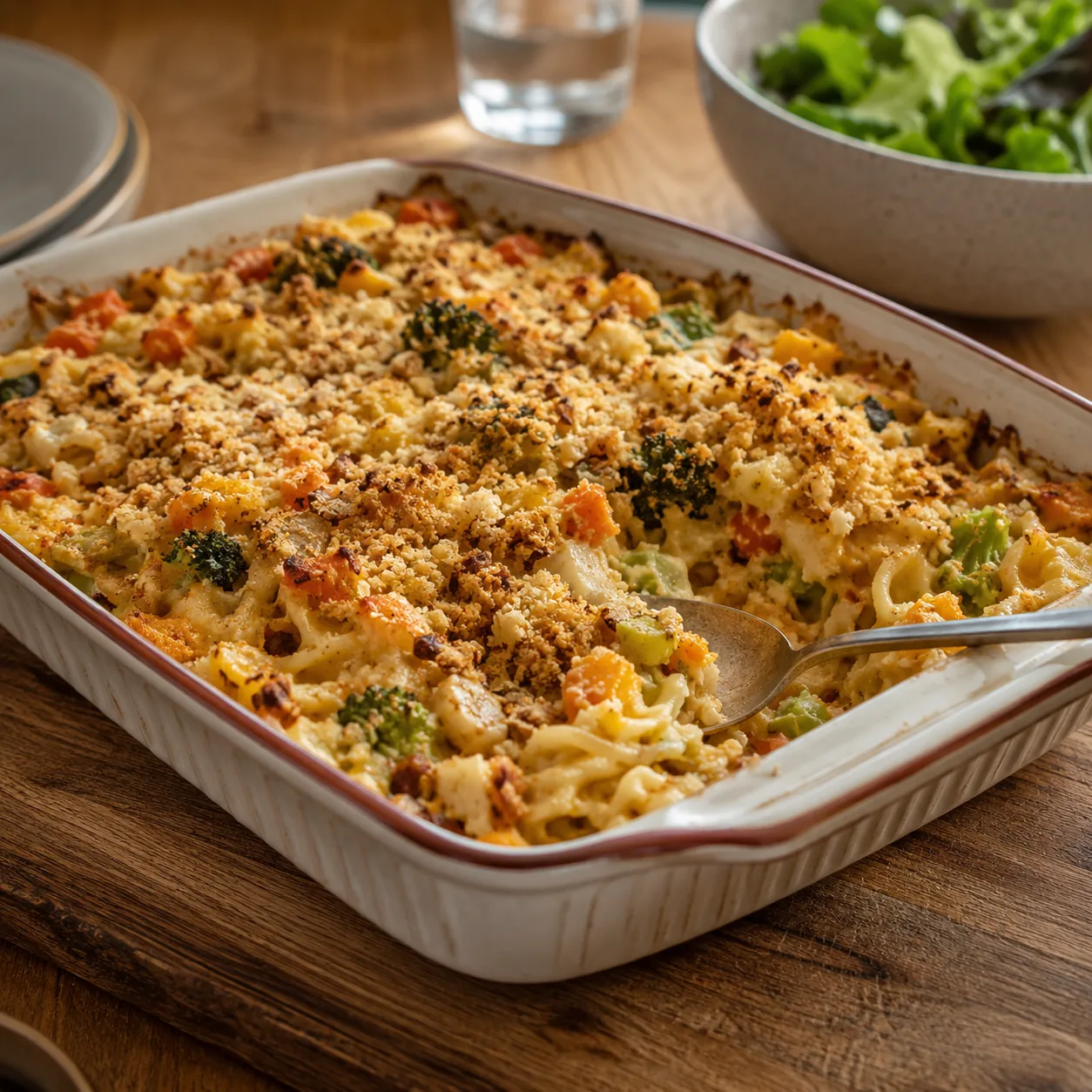 Realistic editorial photo of a mixed leftover casserole with vegetables, noodles, and crumb topping in a baking dish, pr