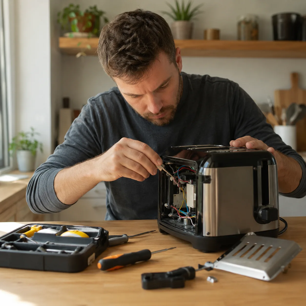 Realistic editorial photo of a person repairing a small appliance on a kitchen counter with basic tools and replacement