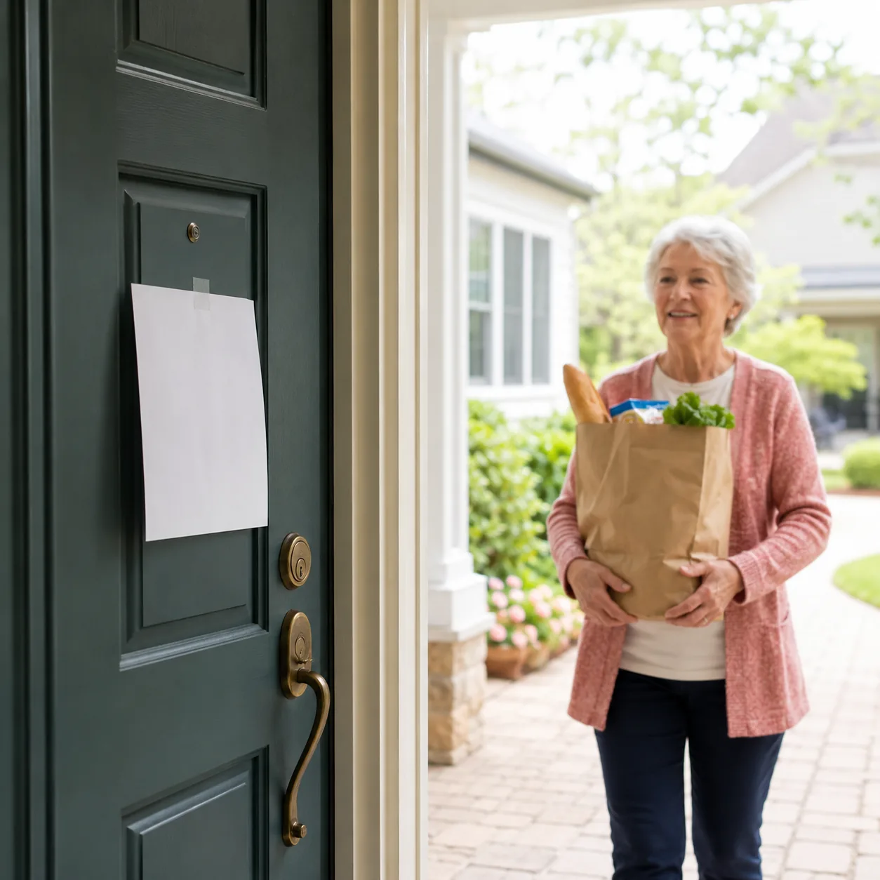 Realistic editorial photo of a polite HOA notice on a retirement community front door while an older homeowner approache