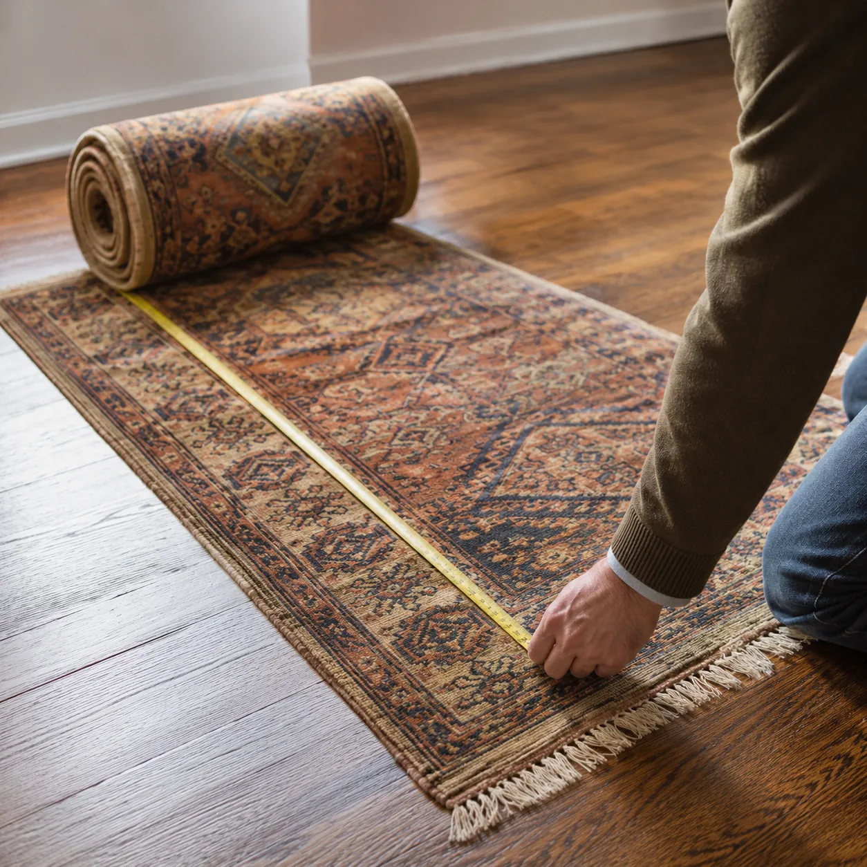 Realistic editorial photo of a vintage woven rug partly rolled on a hardwood floor with a measuring tape, practical home