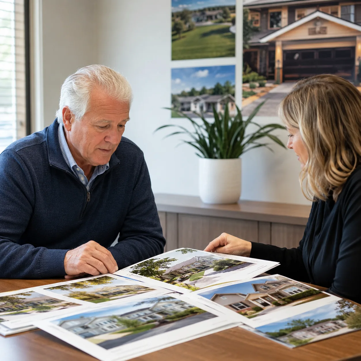 Realistic editorial photo of an older buyer looking at community resale brochures and comparable listings in a sales off