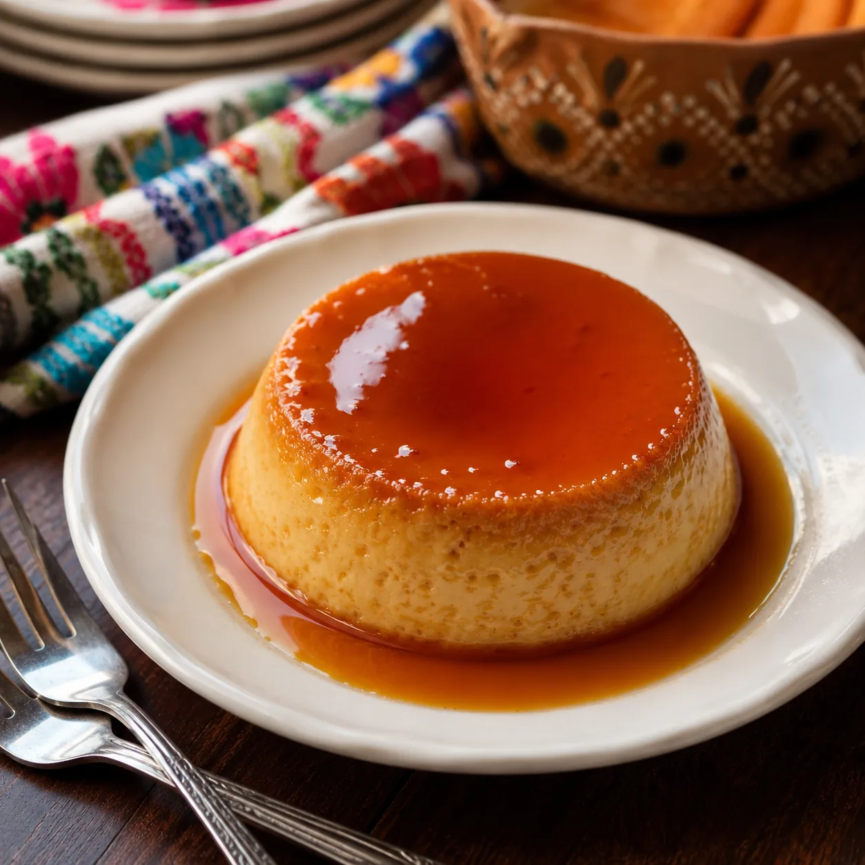 Realistic editorial photo of caramel flan on a white plate with glossy sauce and small dessert forks nearby, warm natura