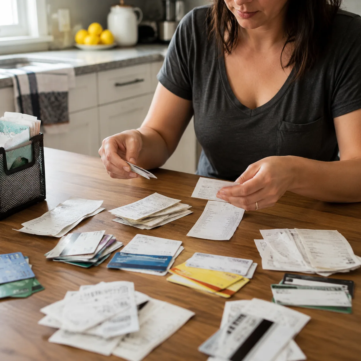 Realistic editorial photo of receipts, coupons, and store cards being sorted into piles on a kitchen table, warm natural