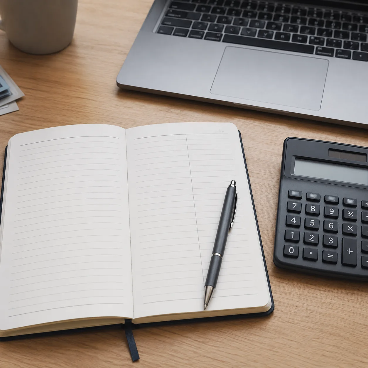 Realistic editorial photo of two budget columns in a notebook without readable text beside a calculator and laptop, prac
