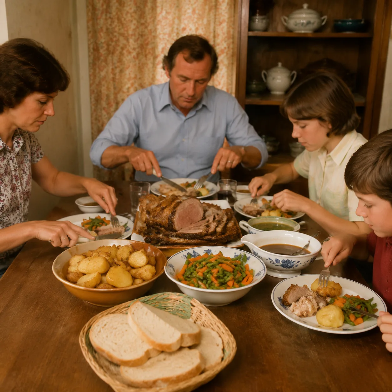 Realistic editorial photo of a family dinner table with reheated roast, potatoes, vegetables, gravy, and sliced bread se