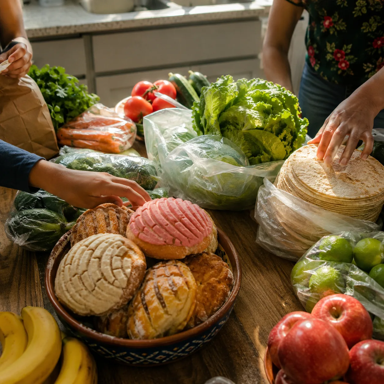 Realistic editorial photo of a home kitchen table after grocery shopping with pan dulce, tortillas, produce, and family
