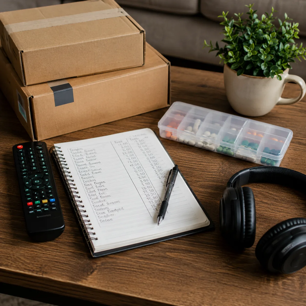 Realistic editorial photo of a household budget notebook, delivery boxes, remote control, pill organizer, and headphones