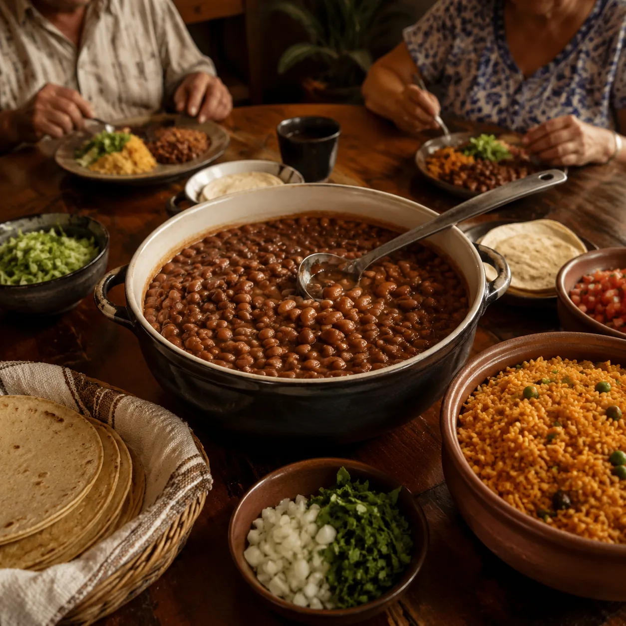 Realistic editorial photo of a large pot of beans, rice, tortillas, and simple sides served on a family table, warm natu